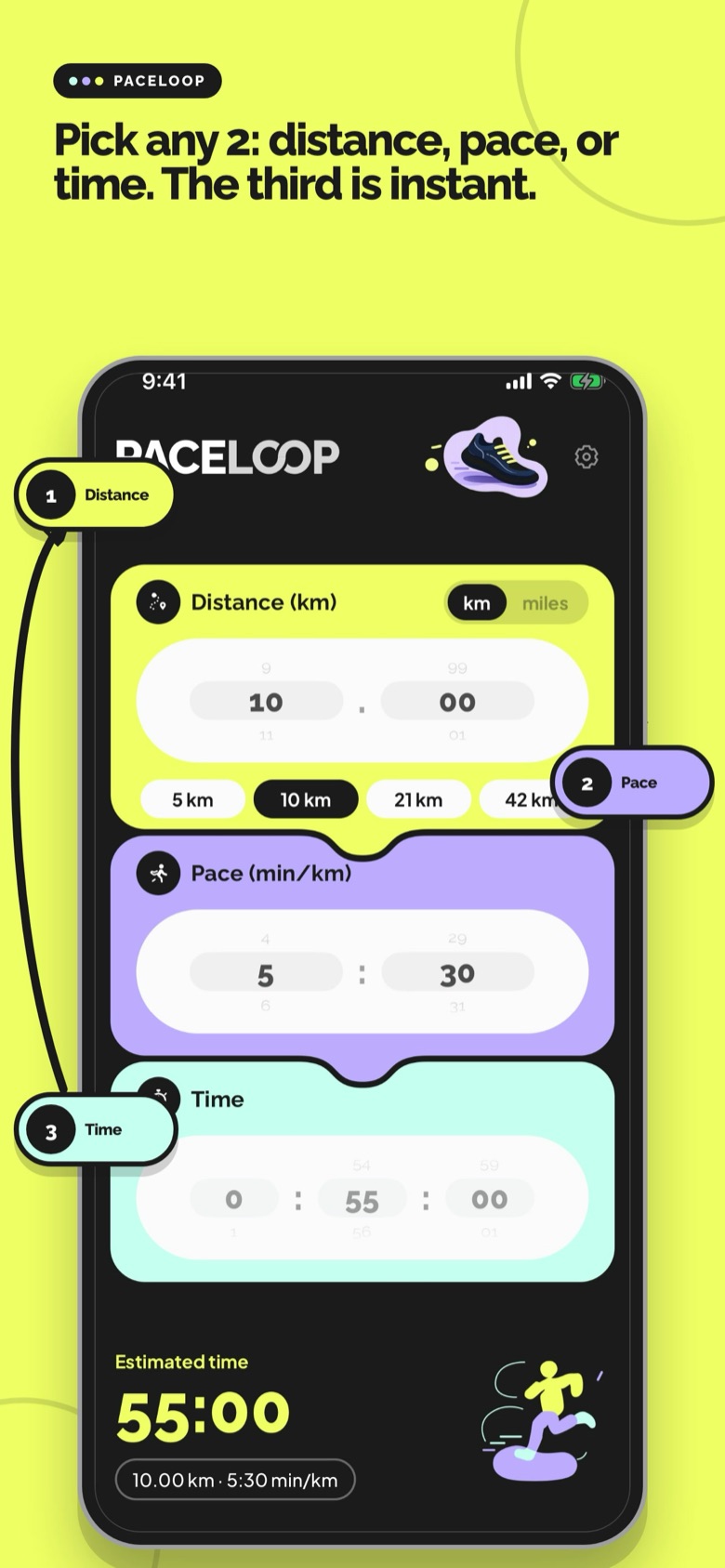 PaceLoop screen with the three cards: distance, pace and time