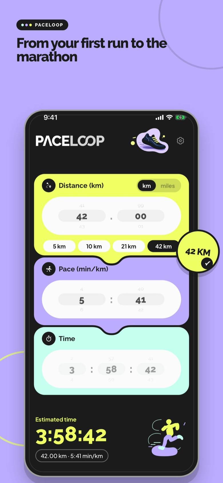 PaceLoop screen calculating a marathon finish time