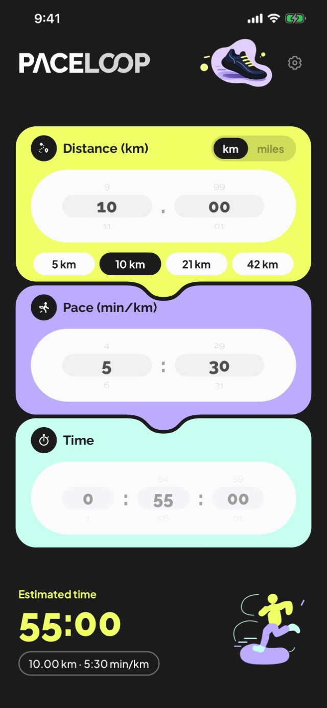 PaceLoop calculating a 10K at 5:30 per kilometer